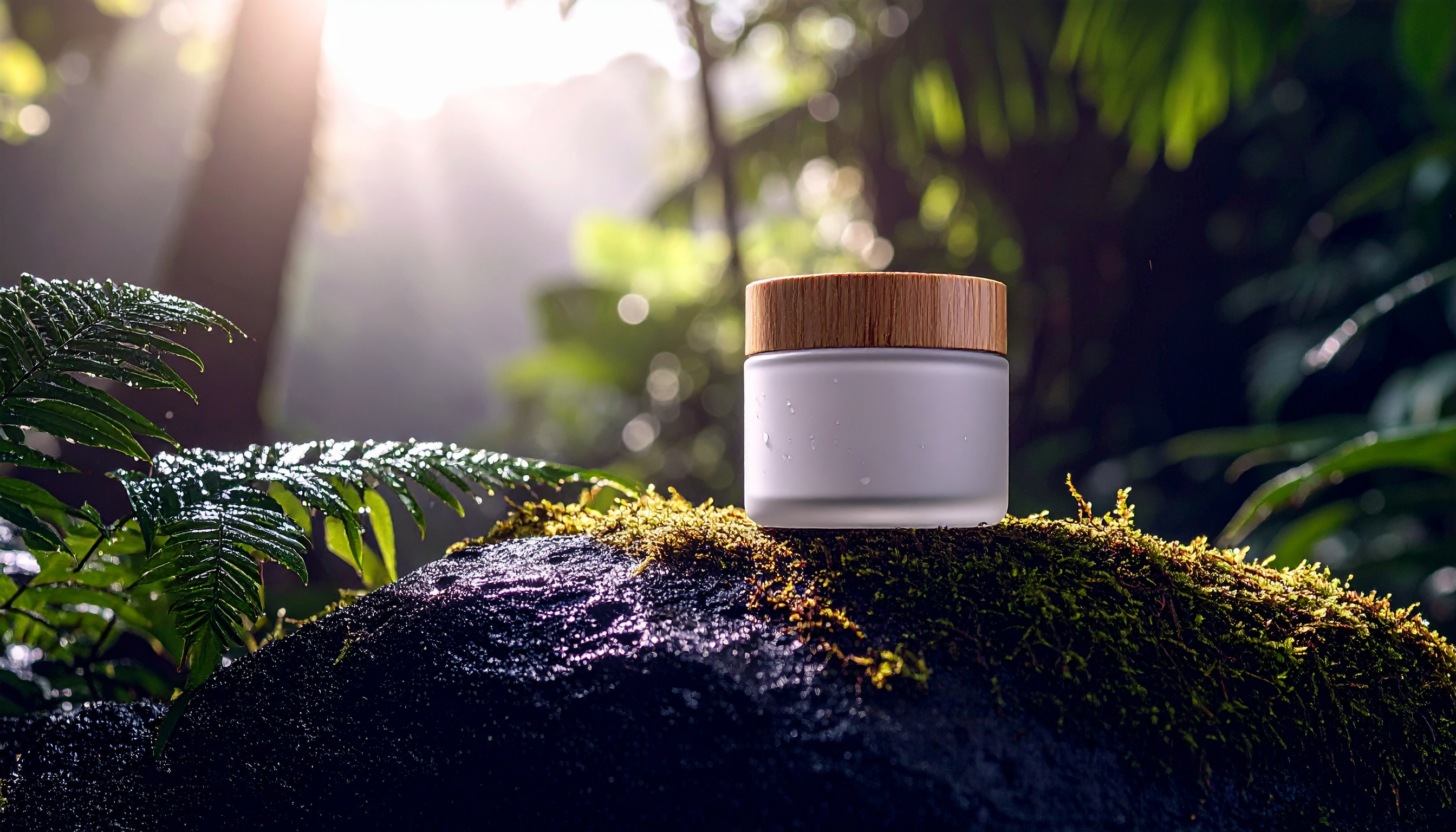 Um pote de creme com tampa de madeira repousa em uma pedra coberta de musgo em uma floresta tropical exuberante, iluminado por raios de sol filtrados pelas árvores, transmitindo uma sensação de frescor e pureza natural.